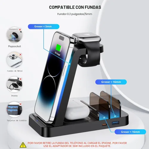 Vista 3 de Cargador inalámbrico para iPhone - Estación de carga 5 en 1 para múltiples dispositivos Apple: Soporte de carga rápida inalámbrica para iPhone 17