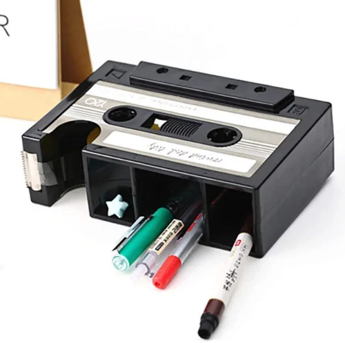 Vista 2 de Soporte de lápiz de cinta creativa, Dispensador de cinta de casete retro, Contenedor ordenado de escritorio de papelería, Organizador de suministros