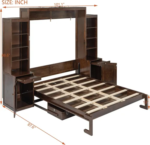Vista 2 de MERITLINE Cama Queen Murphy con escritorio y armarios de almacenamiento, cama vertical de pared de madera maciza con cajones de almacenamiento