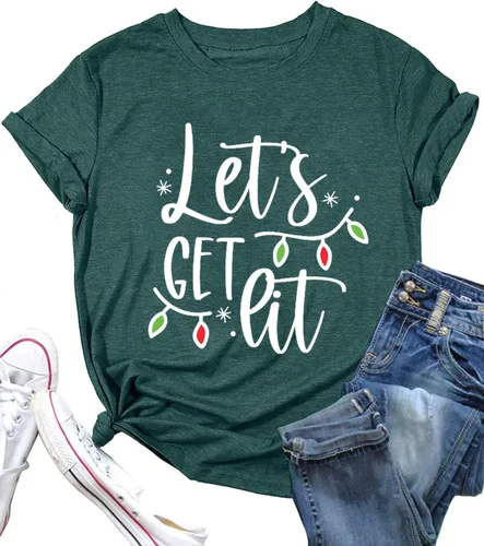 Vista 7 de Camisetas navideñas para mujer Let's Get Lit, camisa con lindo diseño gráfico de luces, manga corta, tops y camisetas de Navidad Gris-Carbón