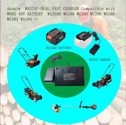 Vista 2 de WA3747 Dual Fast Charger Replace Worx WA3747 40V Portable Charger Compatible with Worx 40V Battery WA3580 WG180 WG280 WG380 WG580 Lithium Battery