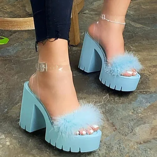 Vista 3 de Aniywn Sandalias de tacón grueso de piel sintética para mujer plataforma casual hebilla de tobillo transparente sandalias de tacón abierto zapatos