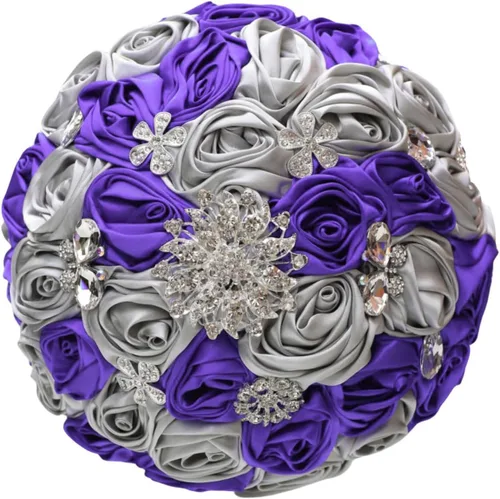 Vista 11 de Sharebeauty Ramo de novia de satén hecho a mano de 7.9 pulgadas, ramo de boda, ramo de flores artificiales