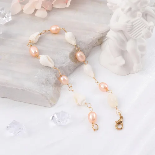 Vista 3 de Pulsera de perlas de concha de mar para mujer, pulseras de perlas de agua dulce rosadas, pulsera de perlas de conchas brillantes y delicadas