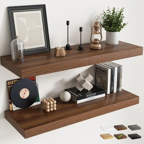 Vista 22 de Juego de 2 estantes flotantes de 16 pulgadas para pared, estantes de baño de grano de madera de 12 pulgadas de profundidad con soportes invisibles