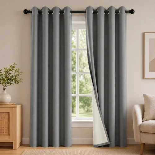Vista 65 de 2 paneles de cortinas 100% opacas, de peso medio, con aislamiento térmico y ojales para dormitorio, sala de estar, tratamiento de ventana