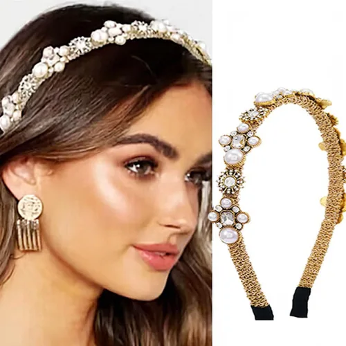 Vista 8 de Diademas de perlas doradas barrocas con diamantes de imitación para el cabello, aro de cristal para mujer (elegante)
