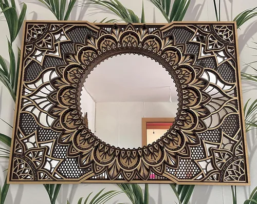 Vista 8 de BHDecor Espejo para decoración de pared para el hogar, marco tallado con corte láser, elegante mandala de madera para colgar, paneles de MDF