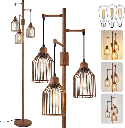 Vista 11 de Lámpara de pie regulable para sala de estar, lámpara de pie de granja con elegante jaula colgante, 3 bombillas LED Edison incluidas, lámpara de pie
