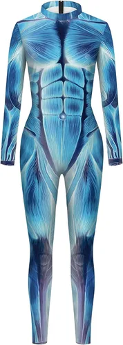 Vista 3 de Disfraz divertido de Halloween para hombre, diseño de esqueleto, overol para cosplay Azul