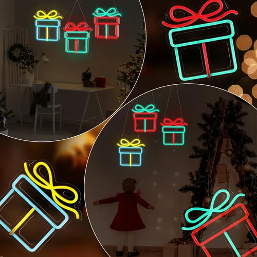 Vista 6 de ROCEEI 3 letreros de neón de Navidad, caja de regalo de luces de neón, barra de pared LED USB, decoración de sala de estar para fiesta de invierno