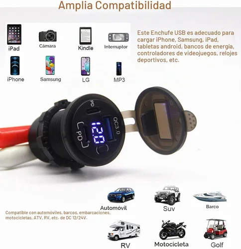 Vista 7 de Toma de corriente USB de 12 V, enchufe de cargador de coche USB C dual y puerto de carga rápida 3.0 con voltímetro e interruptor de alimentación