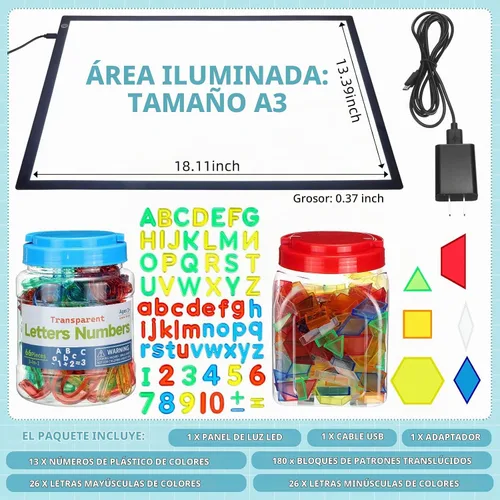 Vista 2 de Kanayu Panel de luz LED de brillo ajustable, mesa de luz de aula de 18 pulgadas con 245 bloques de patrón translúcido, letras y números de tablero