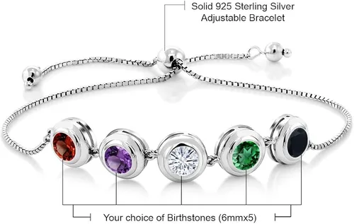Vista 2 de Gem Stone King Pulsera de plata de ley 925 personalizada y personalizada de 5 piedras con bisel redondo y piedra natal para mujer, totalmente