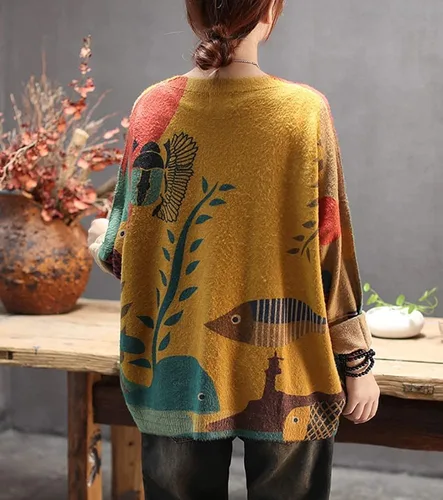 Vista 3 de YESNO - Suéter tejido de ajuste holgado y manga larga para mujer, con estampado gráfico, sin botones, casual - S01