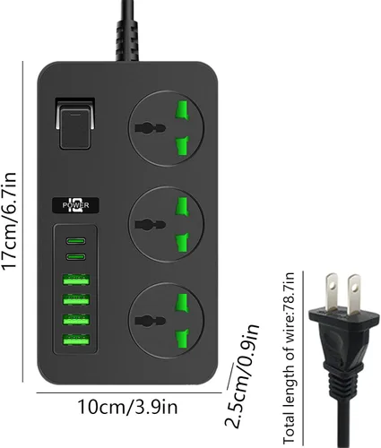 Vista 2 de Regleta protectora de sobretensiones de 3 tomas, regleta de alimentación de 3000 W, protector de sobretensiones de 78.7 pulgadas, enchufe