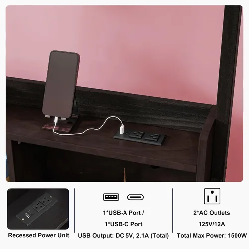 Vista 5 de Bellemave Twin House Floor Bed Frame,Espresso Solid wood montessori bed with storage shelves, built-in LED lights, charging station, no box spring