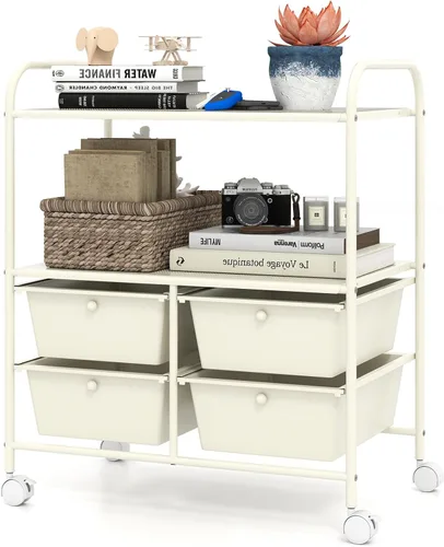 Vista 10 de RELAX4LIFE Carrito de almacenamiento rodante con 4 cajones y 2 estantes, organizador de archivos de papel con marco de metal para oficina en casa