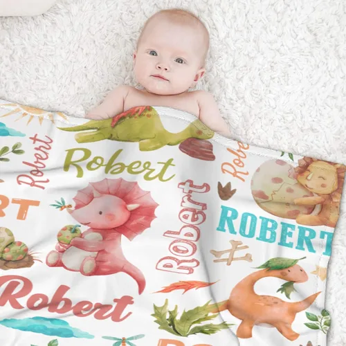Vista 40 de Manta de regalo personalizada de dinosaurio con nombre para niñas, niños, recién nacidos, dinosaurio, manta personalizada para envolver al bebé