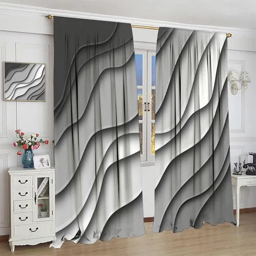 Vista 4 de Cortinas degradadas grises y negras, con textura geométrica moderna abstracta para cocina, dormitorio, sala de estar, juegos de 2 paneles