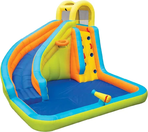 Vista 11 de BANZAI Parque acuático inflable con tobogán y piscina 180 x 156 x 96 pulgadas, vinilo Dura-Tech, pared de escalada, aro de baloncesto y porterías
