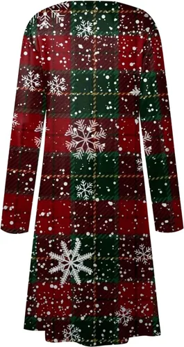 Vista 4 de Vestidos de Navidad para mujer, manga larga, copos de nieve, vestido de fiesta de Navidad, bolsillos irregulares, cuello redondo, vestidos sexys