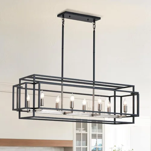 Vista 12 de WJShome Candelabro de granja de 35 pulgadas, iluminación de isla de cocina de 5 luces, lámpara rectangular moderna para comedor, candelabros
