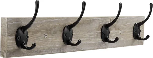 Vista 7 de Perchero de pared, perchero de entrada vintage rústico de madera con 3 ganchos para colgar abrigos y sombreros, riel de zinc fundido