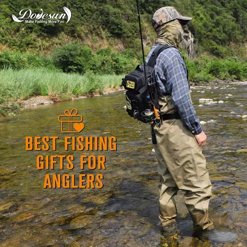 Vista 7 de Dovesun Mochila de pesca pequeña con cajas de aparejos, bolsa de pesca con parches bordados de bricolaje, bolsa de aparejos de regalo para hombres