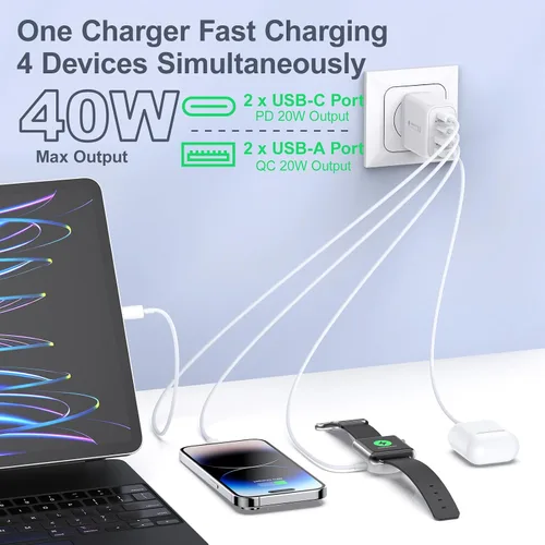 Vista 3 de Cargador de pared USB C, bloque de cargador USB C de 40 W, 4 puertos, bloque de carga rápida, adaptador de alimentación PD+QC tipo C para iPhone