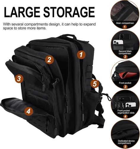 Vista 4 de LHI - Mochila táctica militar para hombre, 25/45 L, mochila grande Molle del ejército, mochila de asalto de 3 días, para senderismo