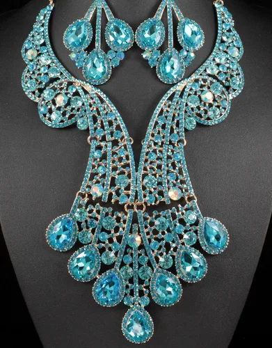 Vista 3 de Janefashions Peacock Feather Teal Austrian Rhinestone Crystal Statement Collar Pendientes Set Gargantilla Show Beauty Queen N820t, Cristal