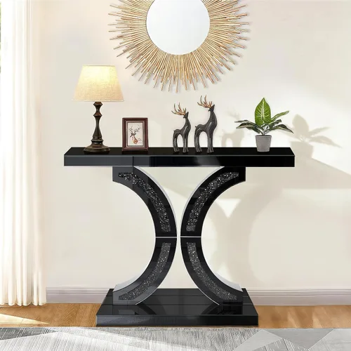 Vista 4 de Mesa consola negra con incrustaciones de diamante triturado, mesa de sofá de entrada de vidrio de 39.4 pulgadas de largo, base en forma de C, mesa