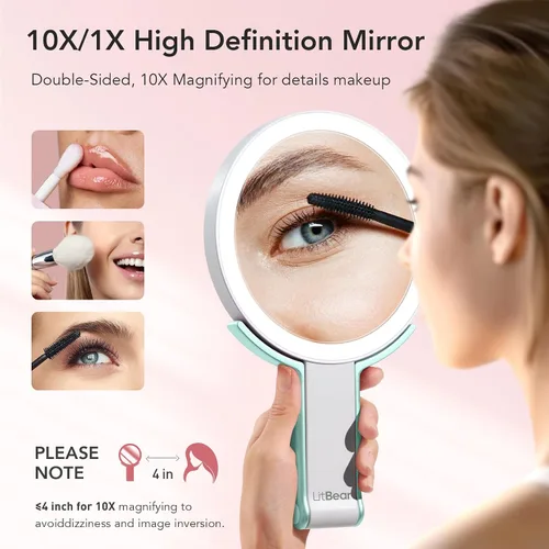 Vista 3 de LitBear Espejo de maquillaje de viaje con luz, espejo de aumento recargable de doble cara 10X/1X, espejo de belleza iluminado portátil, iluminación