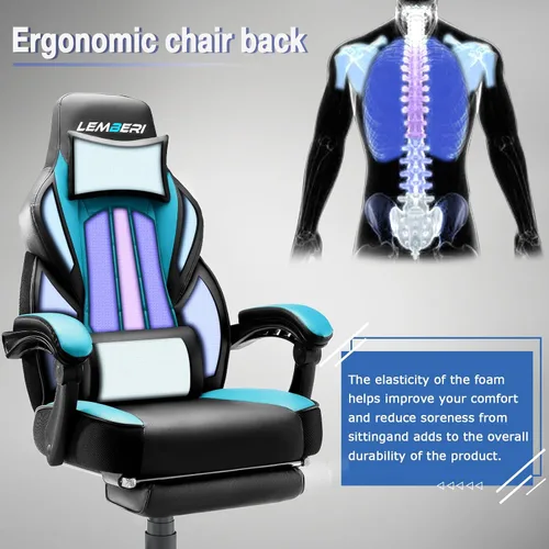 Vista 5 de LEMBERI Sillas de juegos para adultos, sillas ergonómicas de videojuegos con reposapiés, silla de juegos grande y alta, capacidad de peso de 400