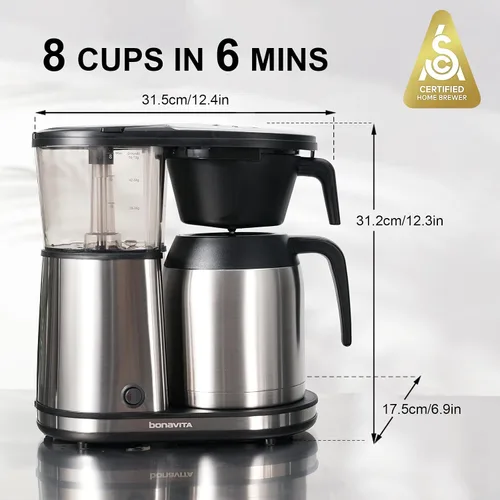 Vista 2 de Bonavita Cafetera de goteo de 8 tazas, vertido con un toque, preparación con pausa automática con jarra térmica de doble pared de acero inoxidable