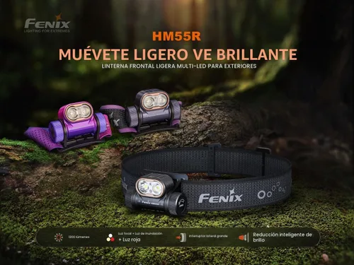 Vista 2 de Fenix HM55R linterna frontal recargable, foco de 1200 lúmenes y luz roja, ligera, larga duración, carga USB, impermeable para acampar, hacer Nebular