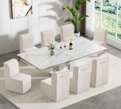 Vista 12 de Juego de mesa de comedor de mármol sintético blanco para 10, juego de mesa de comedor extensible de 11 piezas de 63 a 94 pulgadas con 10 sillas