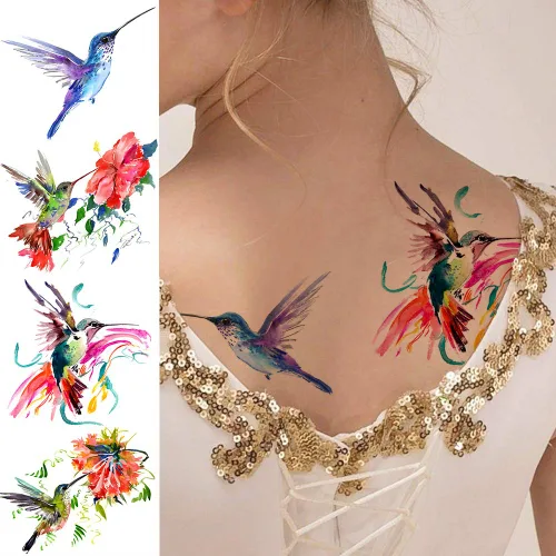 Vista 6 de 15 hojas de tatuajes temporales de colibrí de acuarela 3D de FANRUI para mujeres y niñas, pequeño, multicolor, colibrí, tatuaje, temporal, colorido