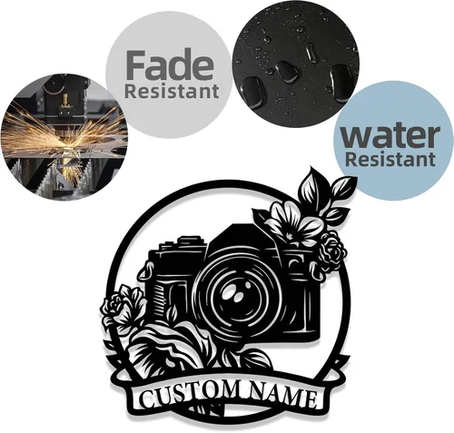 Vista 6 de Letrero de metal personalizado para fotógrafo, arte de pared de hierro para cámara y niña con cámara, decoración única con temática de fotografía