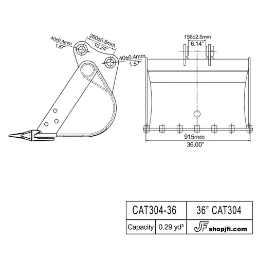 Vista 3 de 36" Mini Excavadora Cubo para Caterpillar Modelo CAT304 Mini Excavadora con Pasadores de 1.575 in (Pines Incluidos)