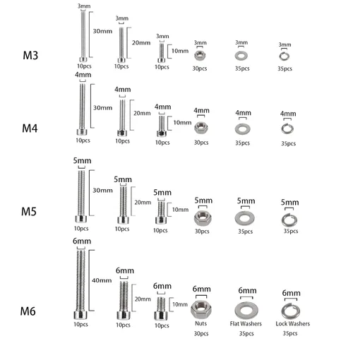 Vista 2 de Kit surtido de tornillos y tuercas y arandelas de cabeza hexagonal, 520 piezas, tornillos métricos M3 M4 M5 M6 de acero inoxidable, tuercas y pernos