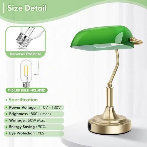Vista 5 de Lámpara de banqueros con 2 puertos USB, control táctil, lámpara de escritorio de vidrio verde con base de latón, lámpara de escritorio vintage