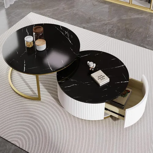 Vista 4 de Moderna mesa de centro redonda anidable acanalada con cajón en negro y dorado en 27.6 pulgadas