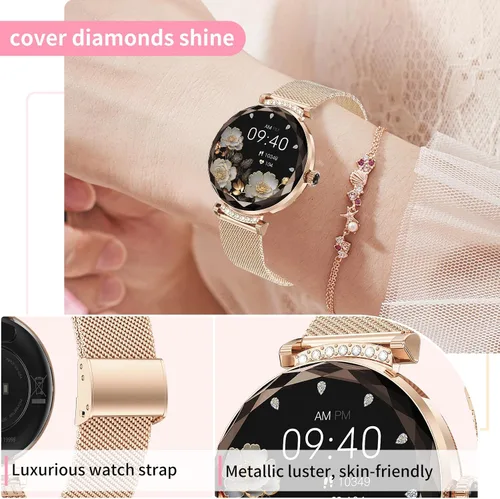 Vista 3 de Reloj inteligente para mujer Android/iOS, IP68, impermeable, con llamadas Bluetooth, recordatorio menstrual femenino (2 correas doradas)