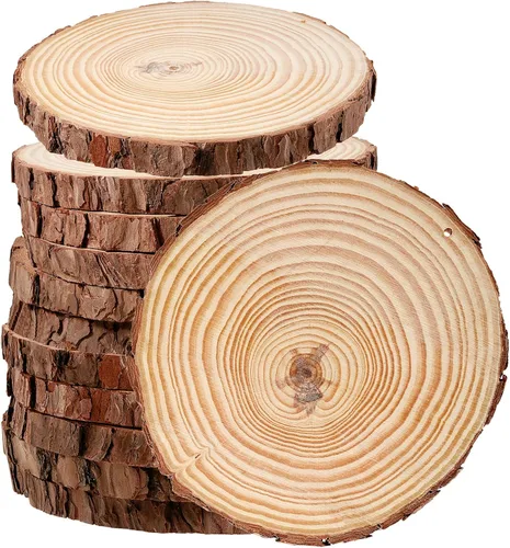Vista 8 de JEUIHAU 6 piezas de rebanadas de madera natural sin terminar de 8 a 10 pulgadas, discos redondos de madera para corteza de árbol, círculos de madera