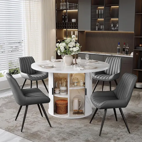 Vista 11 de Miereirl Juego de mesa y sillas de comedor moderno redondo, con una mesa de comedor de madera equipada con compartimentos de almacenamiento