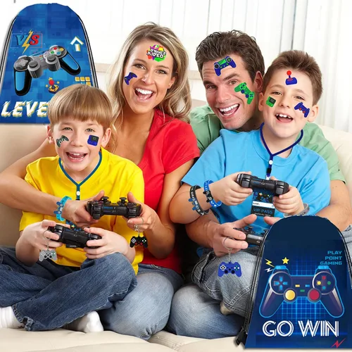 Vista 2 de 122 piezas de recuerdos de fiesta de videojuegos, recuerdos de fiesta de jugadores para niños, incluye bolsas con cordón de fiesta de videojuegos