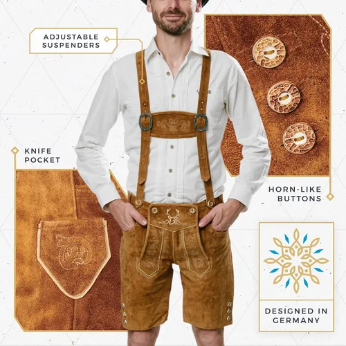 Vista 4 de BAVARIA TRACHTEN Lederhosen - Ropa alemana auténtica de cuero genuino para hombre traje del Oktoberfest color marrón claro corto