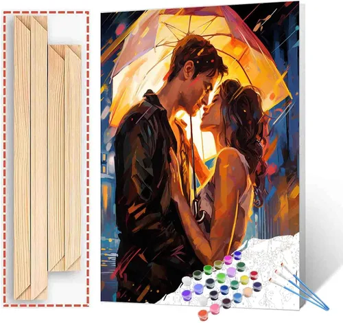 Vista 22 de Kits de pintura romántica por números para parejas con pinceles y pigmento acrílico sobre lienzo para adultos, niños y niñas bajo un paraguas